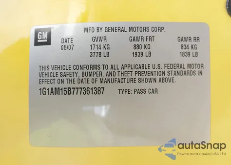 2007 Chevrolet Cobalt Ss z USA, uszkodzony, nr VIN 1G1AM15B777361387